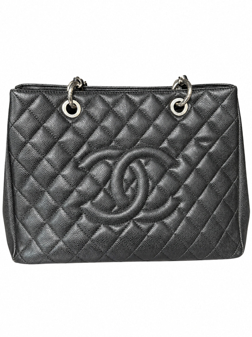 01 Pre-owned CHANEL Black Petite Shopping Tote PST actual item white background