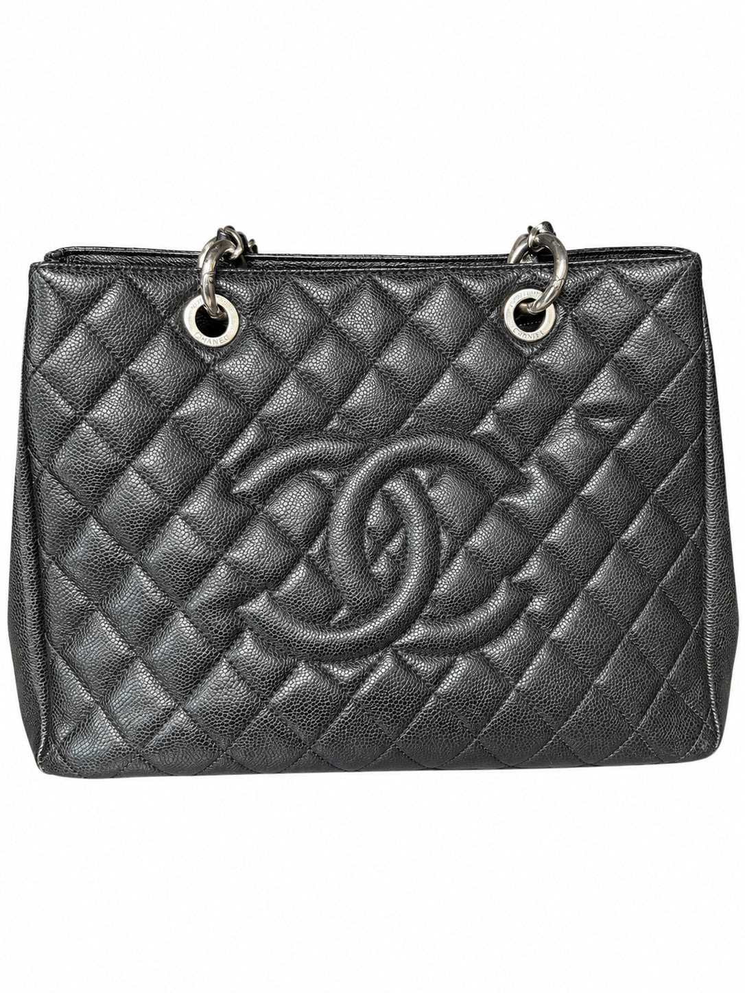 01 Pre-owned CHANEL Black Petite Shopping Tote PST actual item white background