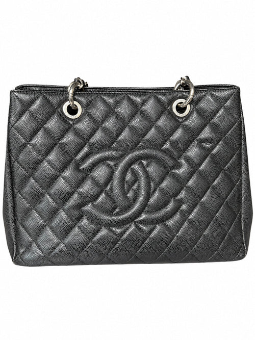 01 Pre-owned CHANEL Black Petite Shopping Tote PST actual item white background