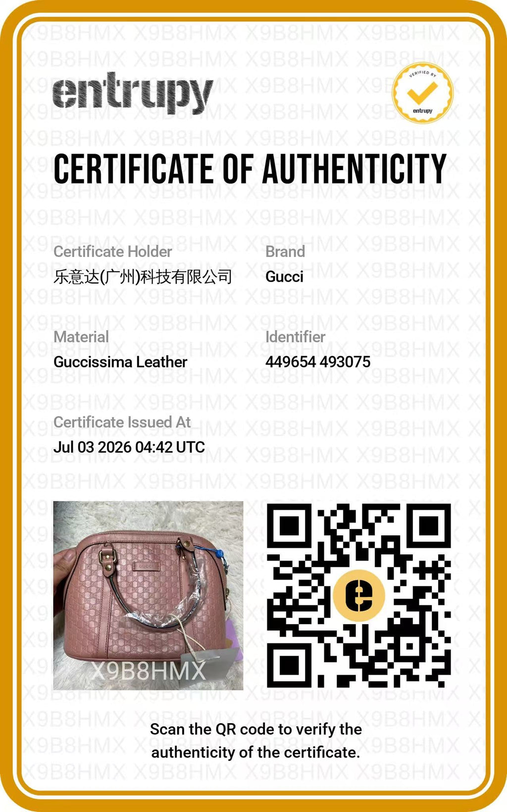 GUCCI Pink Microguccissima Dome Bag authentication certificate
