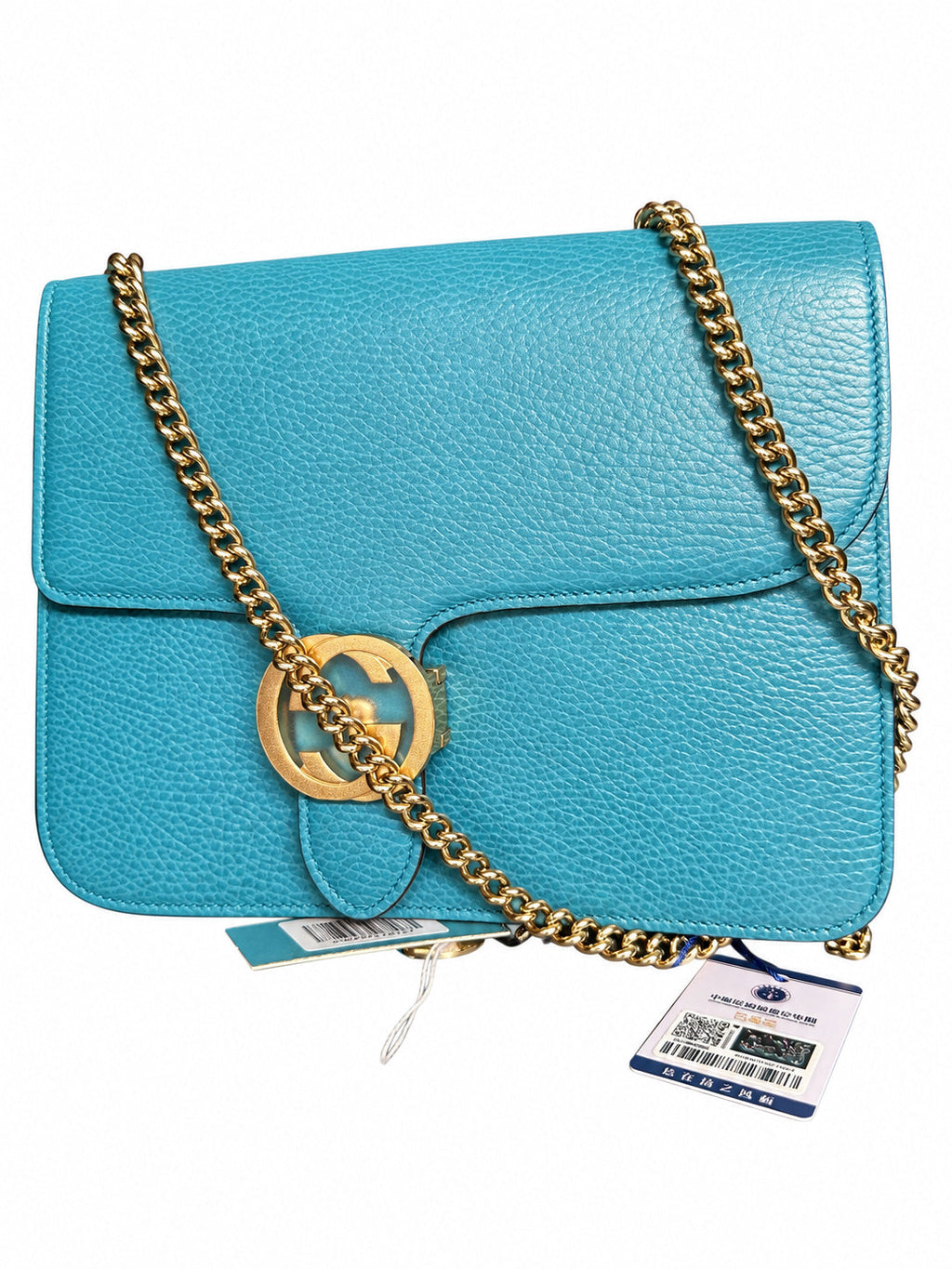 03 Pre-owned GUCCI Turquoise Interlocking G Chain Shoulder Bag actual item white background