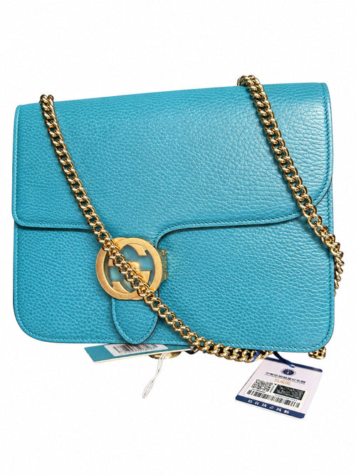 03 Pre-owned GUCCI Turquoise Interlocking G Chain Shoulder Bag actual item white background