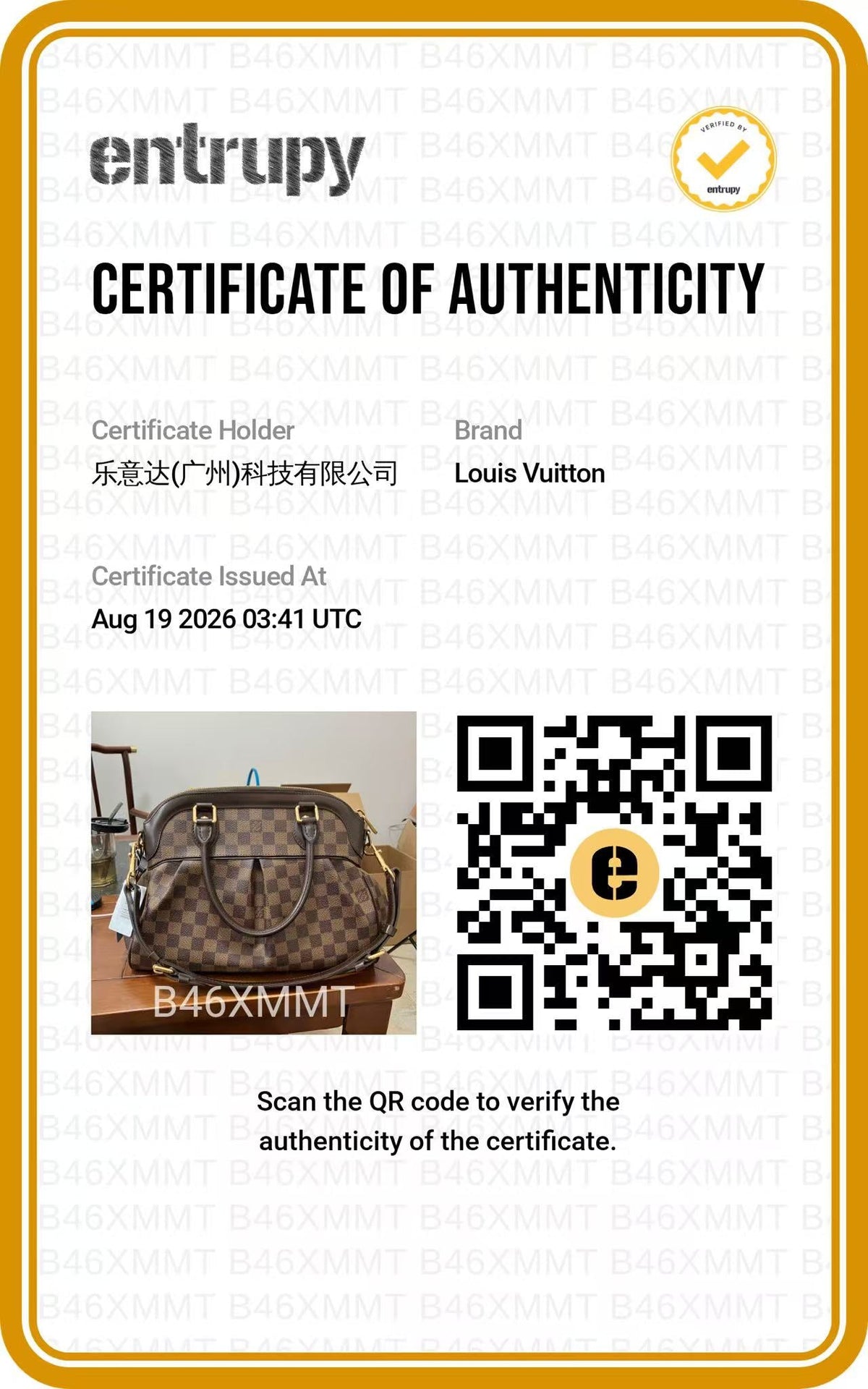 Louis Vuitton Damier Ebene Trevi Bag authentication certificate