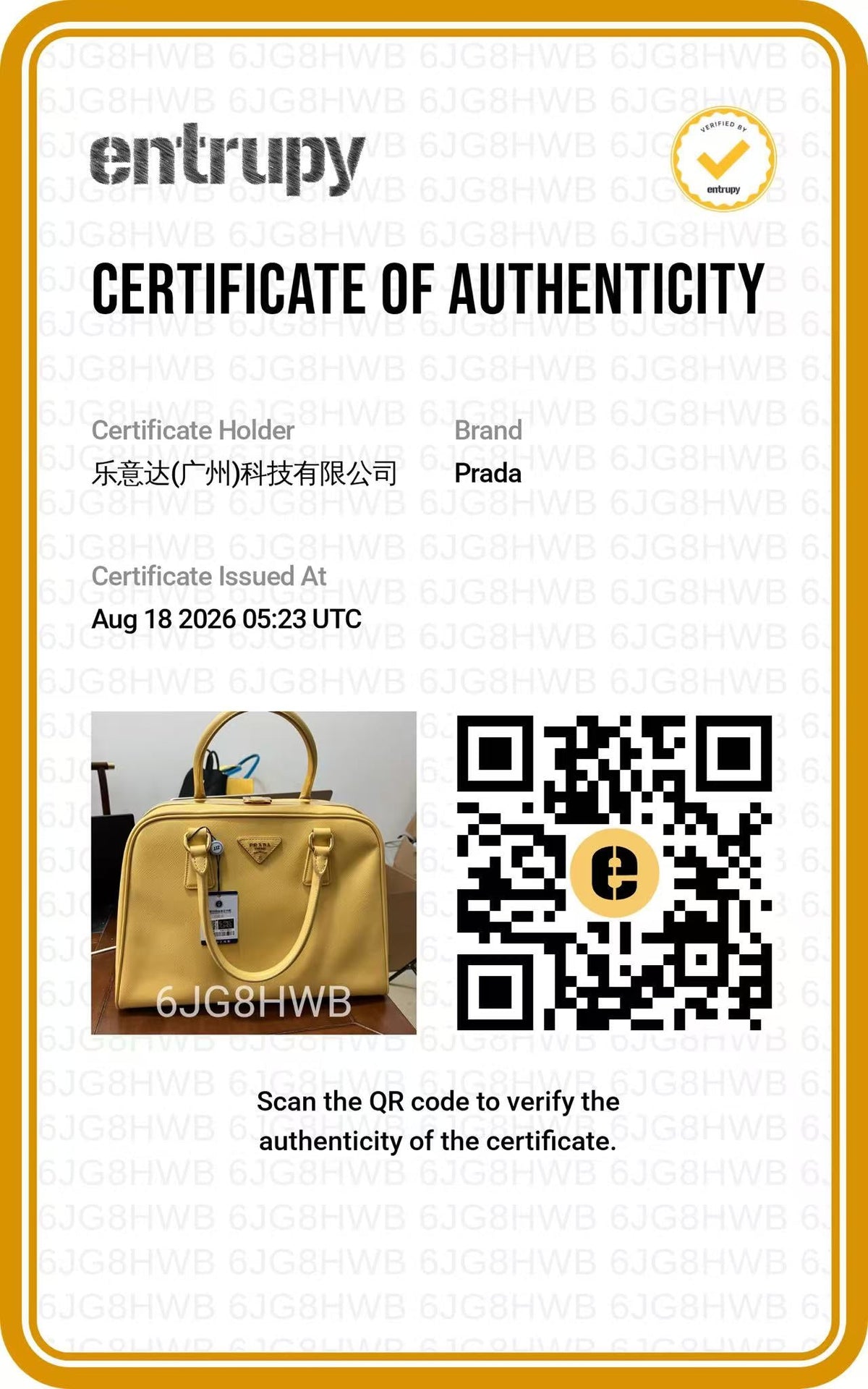 PRADA Yellow Saffiano Promenade Top-handle Bag authentication certificate