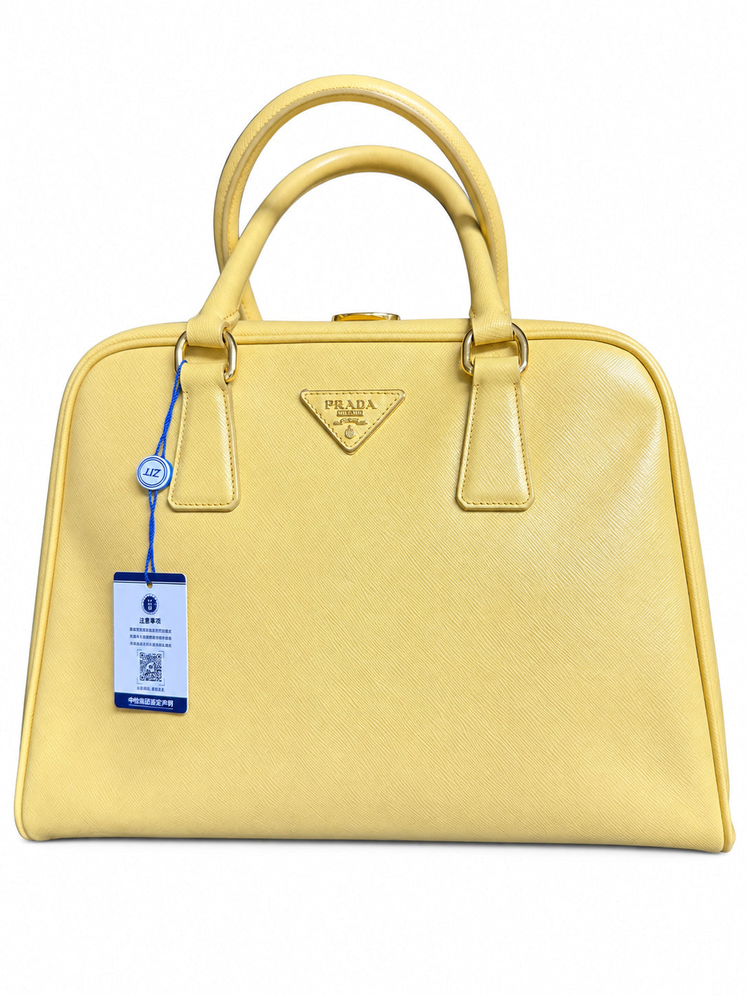 07 Pre-owned PRADA Yellow Saffiano Promenade Top-handle Bag actual item white background