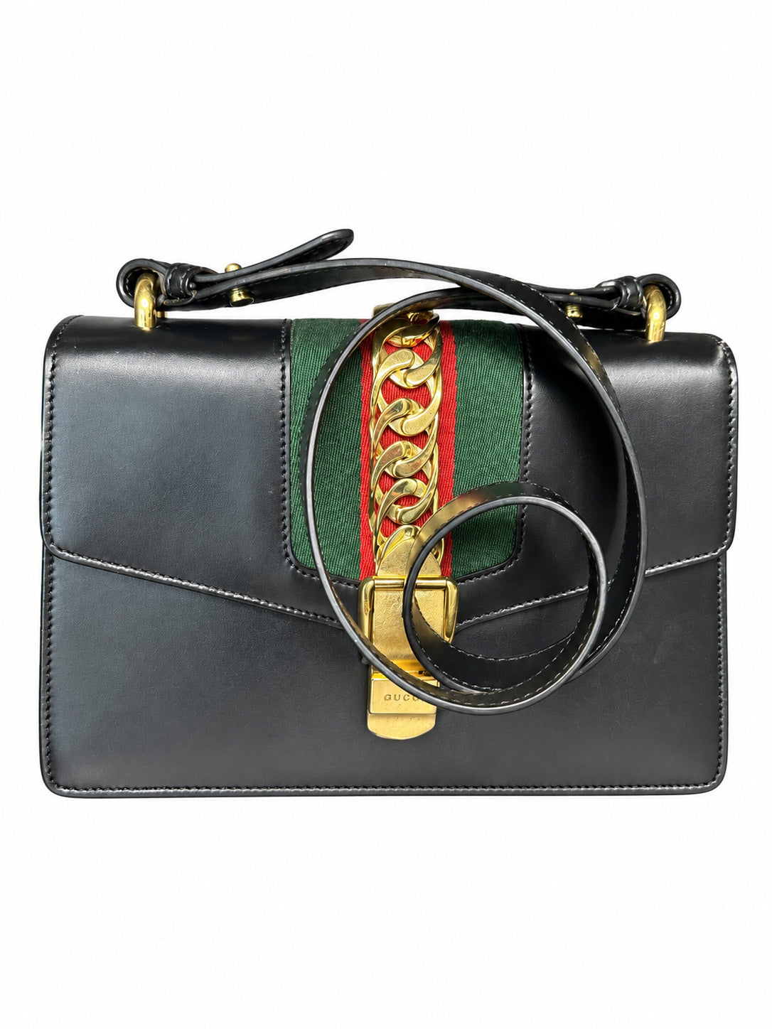 09 Pre-owned GUCCI Black Sylvie Web Top-handle Bag actual item white background