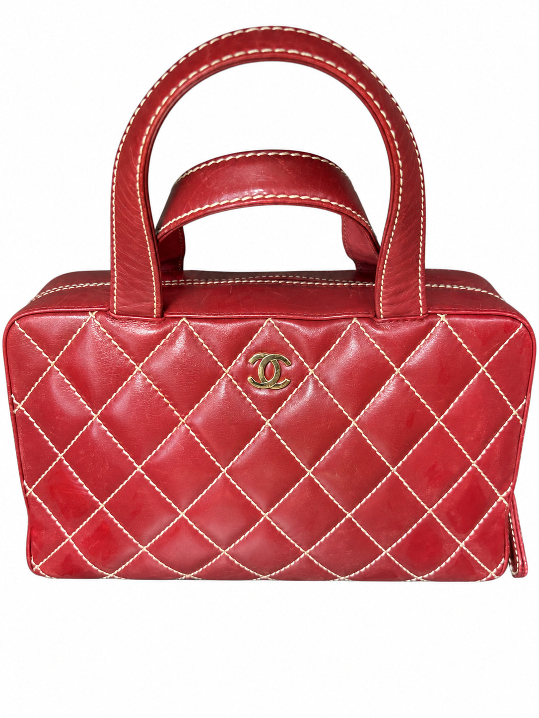 10 Pre-owned CHANEL Red Wild Stitch Bowler Bag actual item white background