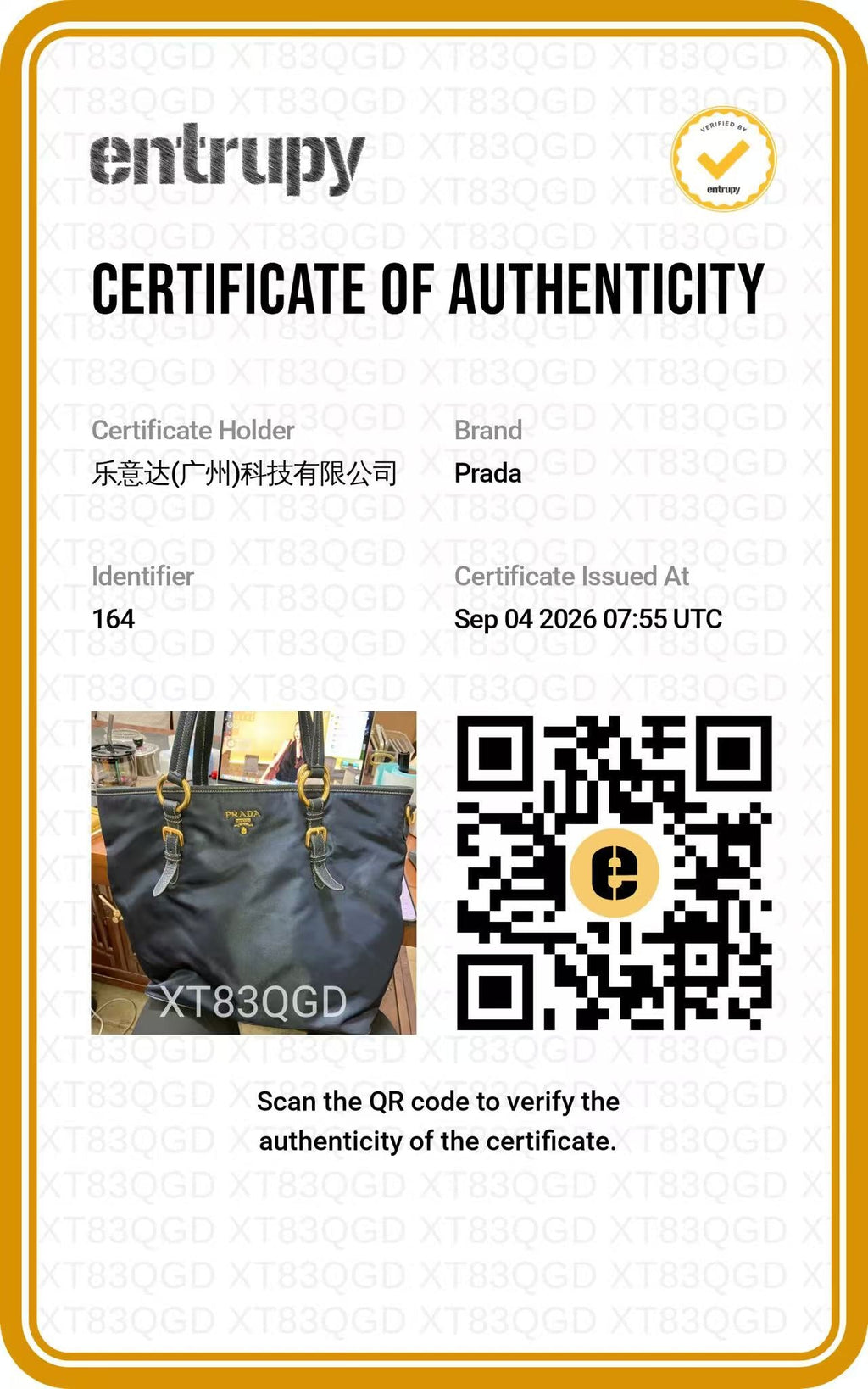 PRADA Navy Nylon Leather Trim Tote authentication certificate