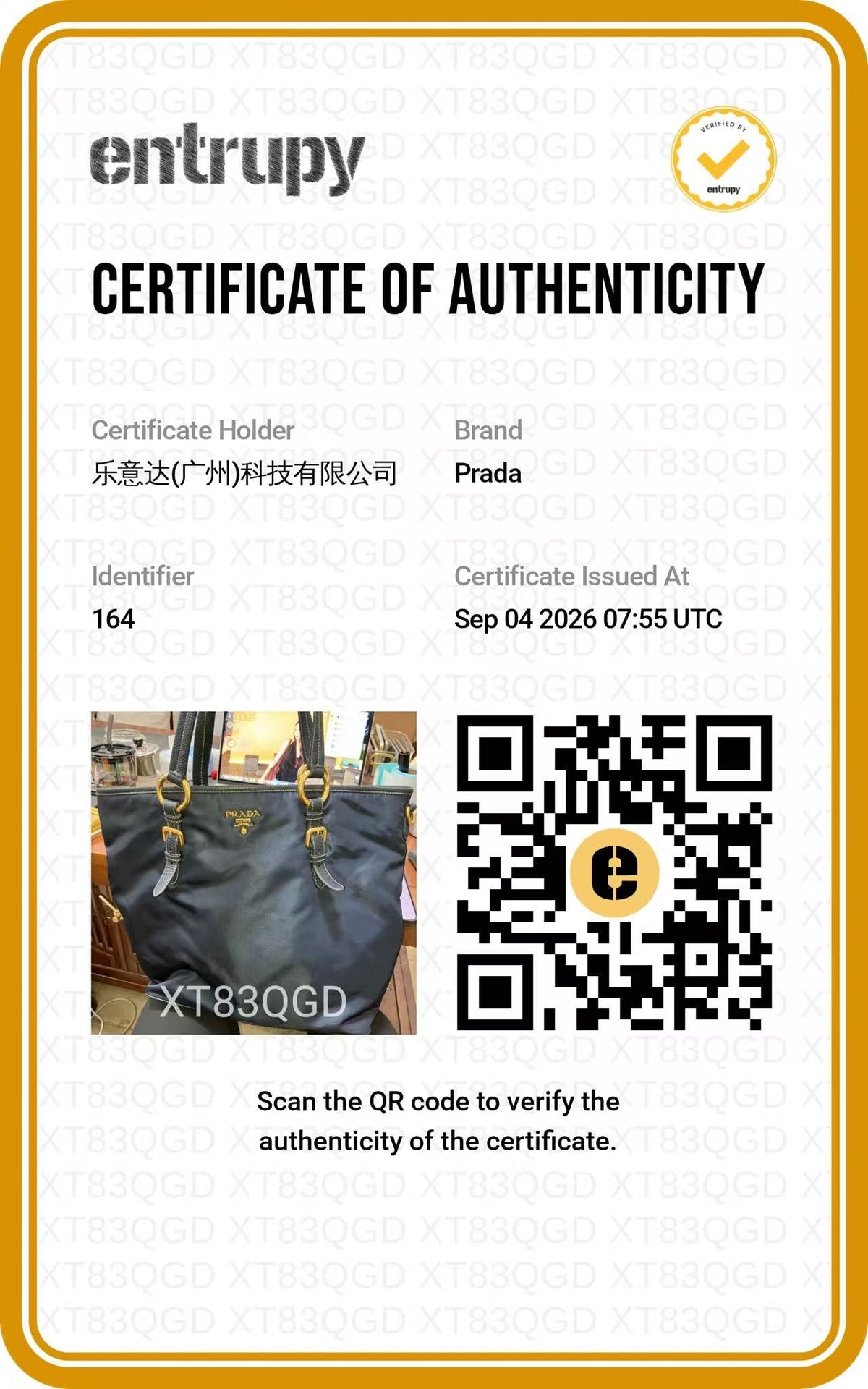 PRADA Navy Nylon Leather Trim Tote authentication certificate