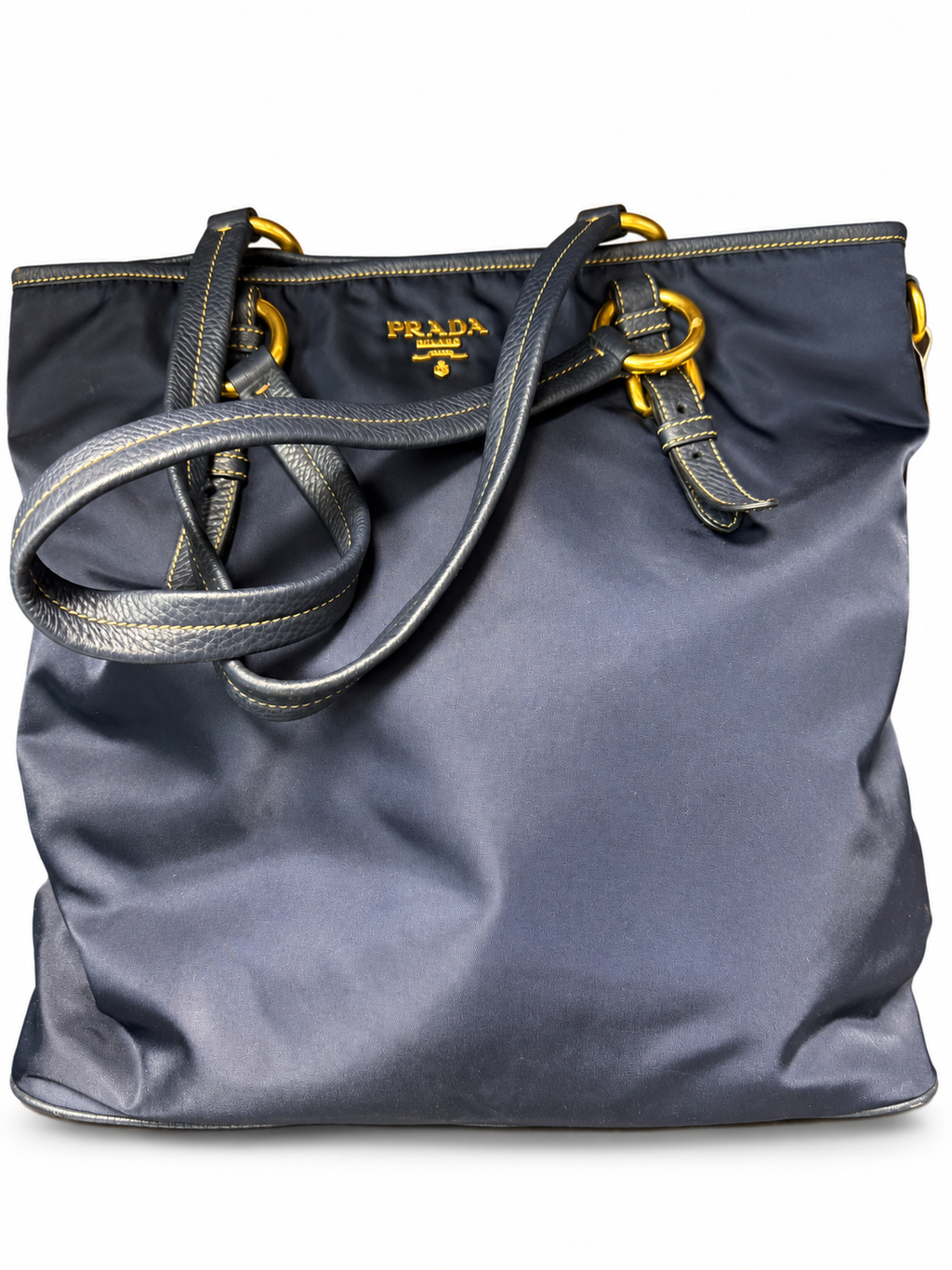 14 Pre-owned PRADA Navy Nylon Leather Trim Tote actual item white background