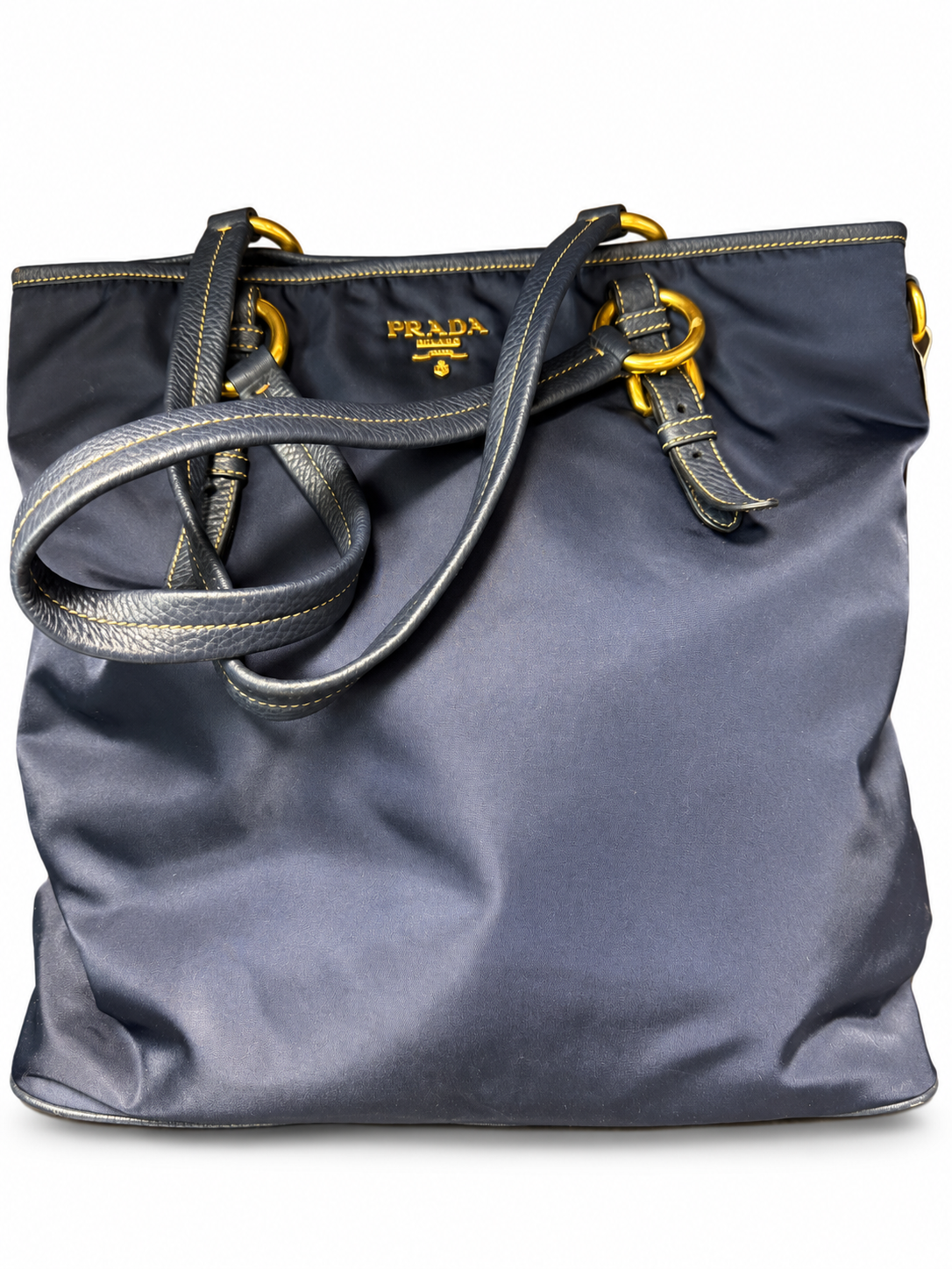 14 Pre-owned PRADA Navy Nylon Leather Trim Tote actual item white background