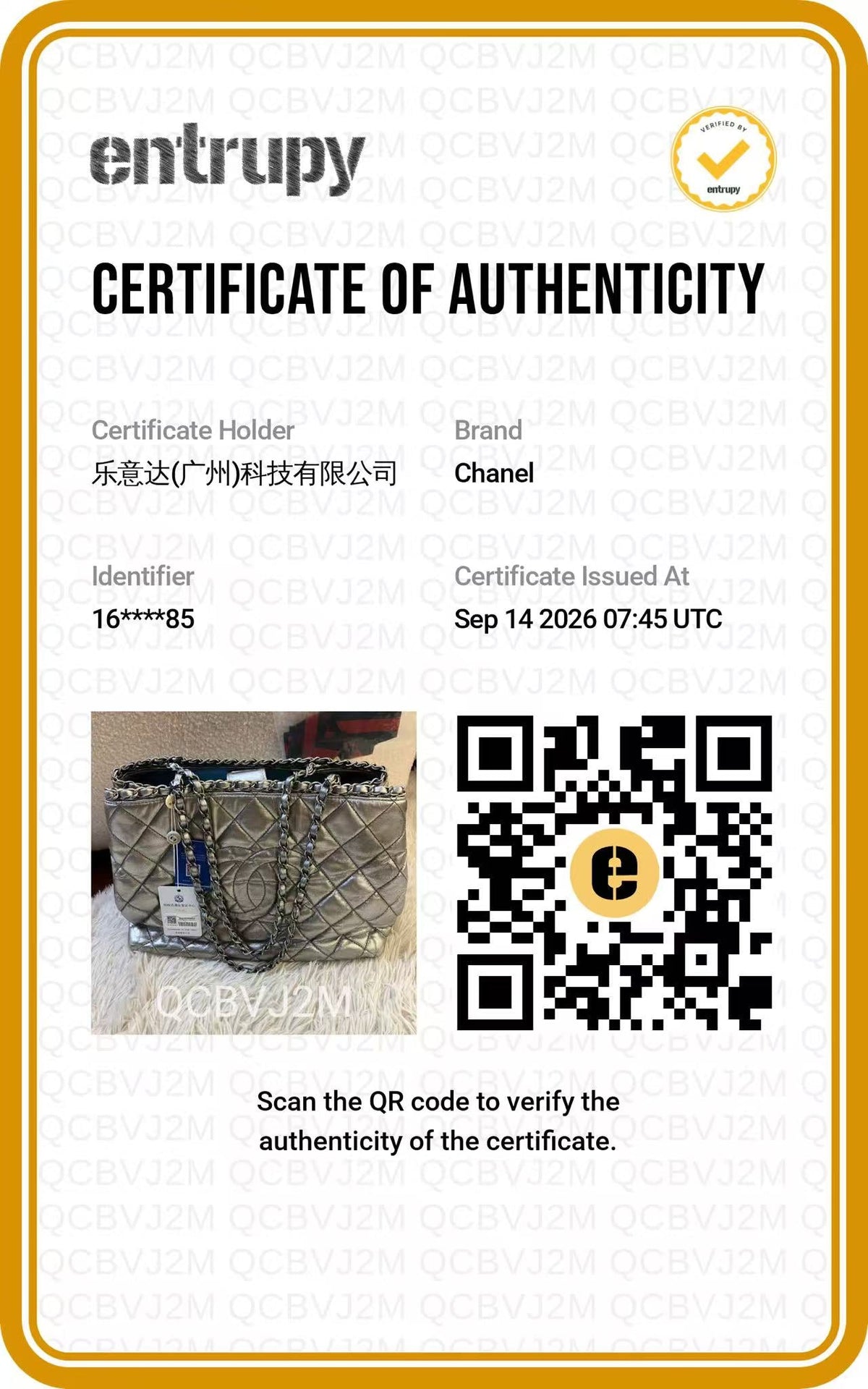 CHANEL Metallic Silver Chain Me Tote authentication certificate
