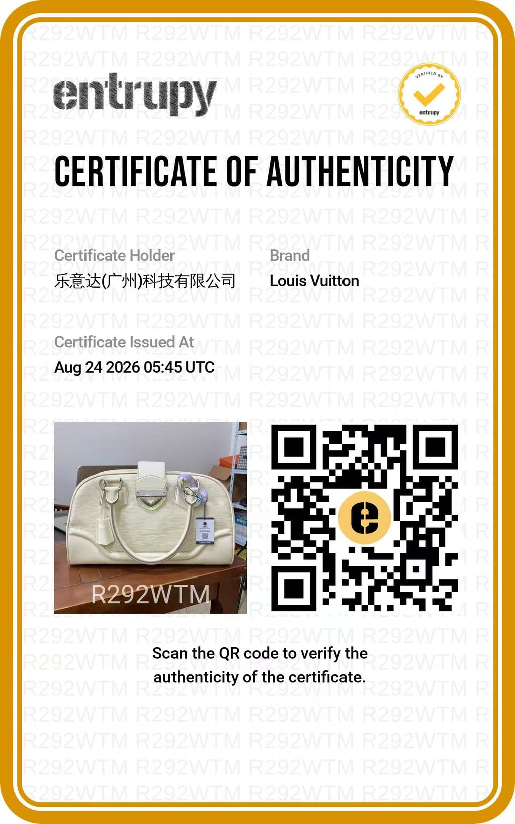 Louis Vuitton Ivory Epi Montaigne Bowling Bag authentication certificate