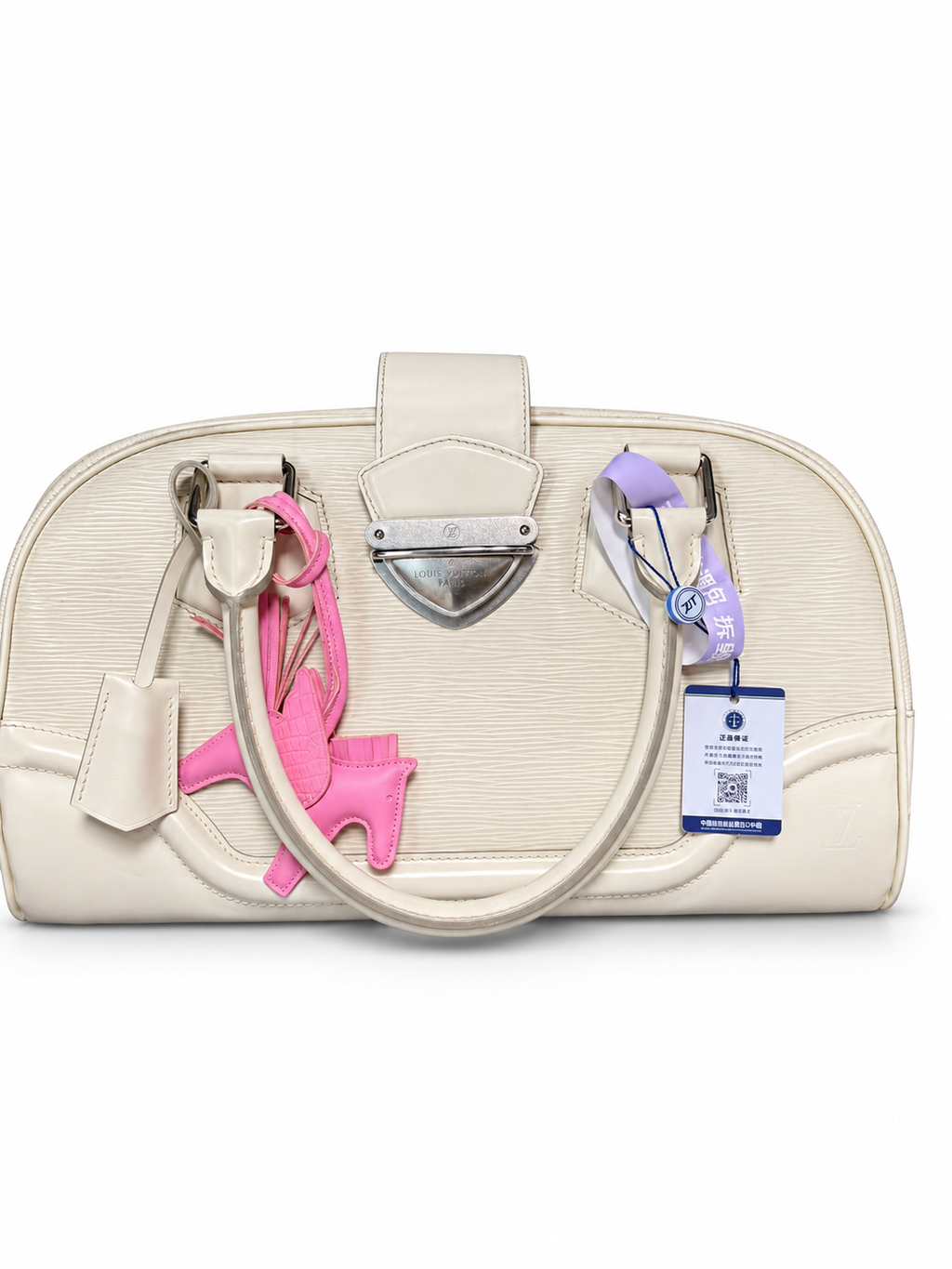 17 Pre-owned Louis Vuitton Ivory Epi Montaigne Bowling Bag actual item white background
