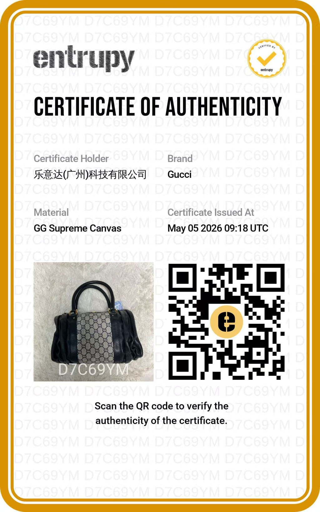 GUCCI Vintage GG Plus Ruched Leather Boston Bag authentication certificate