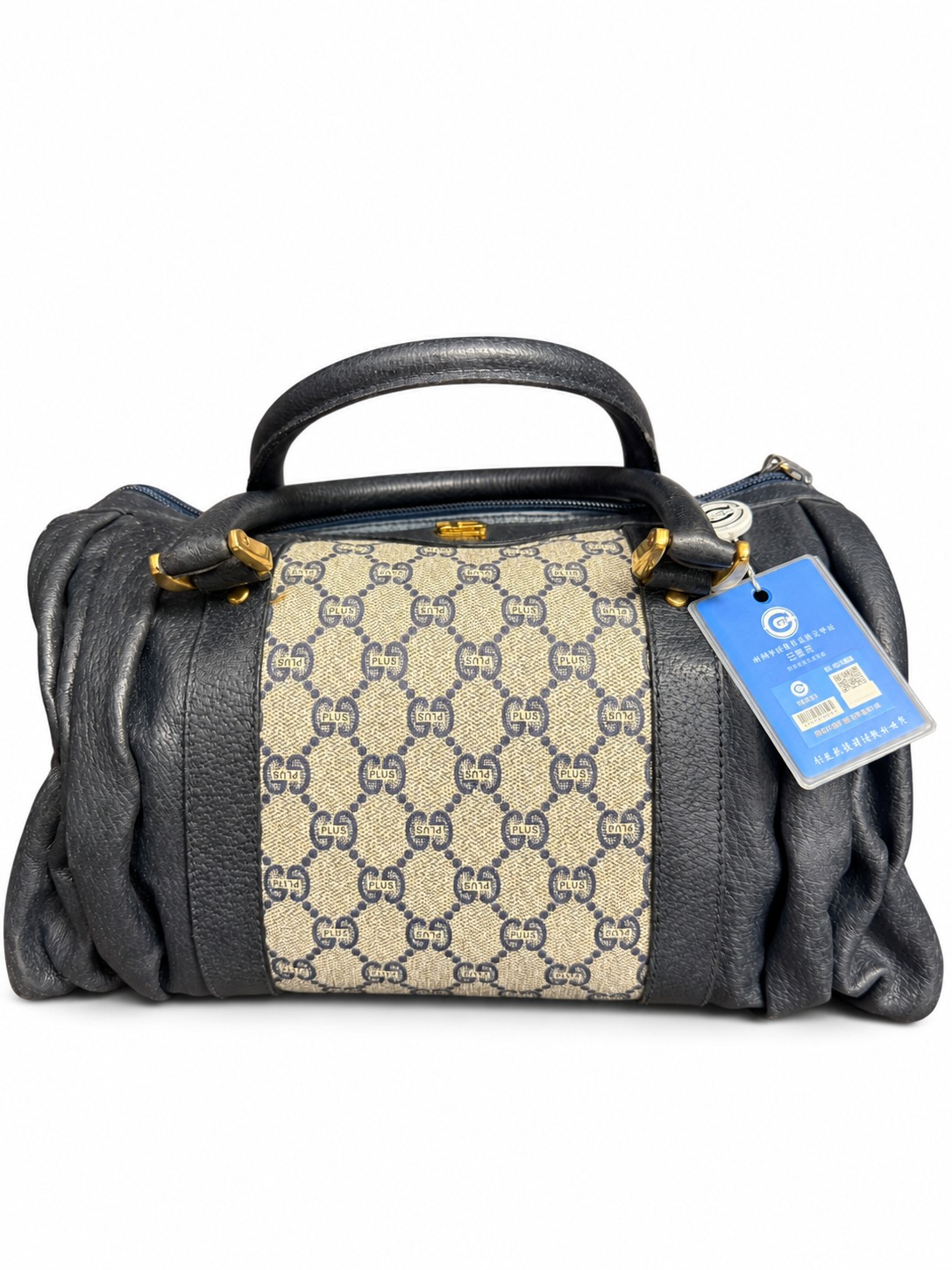 19 Pre-owned GUCCI Vintage GG Plus Ruched Leather Boston Bag actual item white background