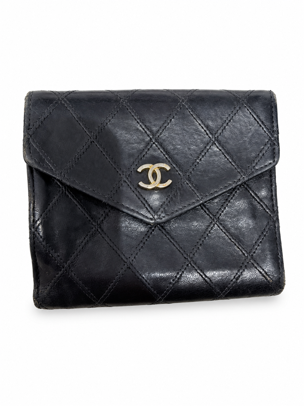 20 Pre-owned CHANEL Black Quilted Envelope Compact Wallet actual item white background