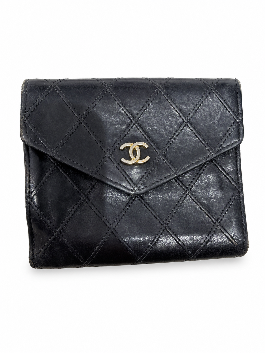 20 Pre-owned CHANEL Black Quilted Envelope Compact Wallet actual item white background
