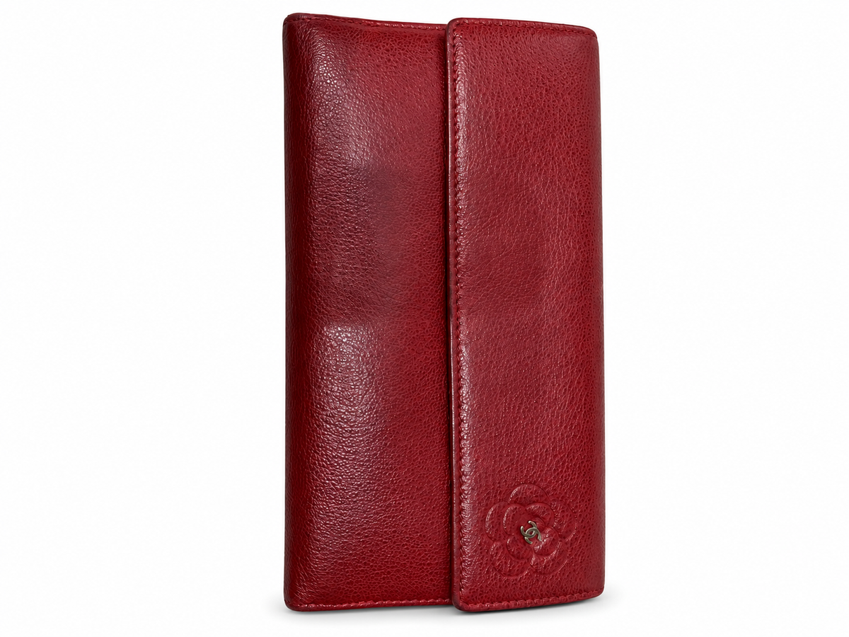 21 Pre-owned CHANEL Red Camellia Embossed Flap Wallet actual item white background