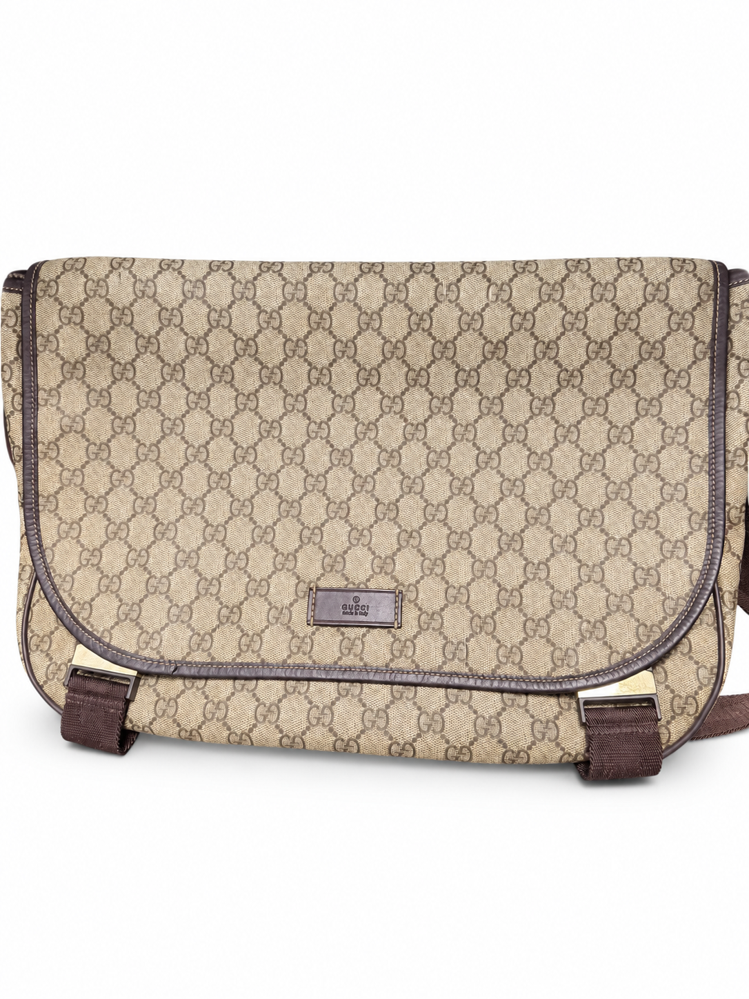 23 Pre-owned GUCCI GG Canvas Double Buckle Flap Messenger Bag actual item white background