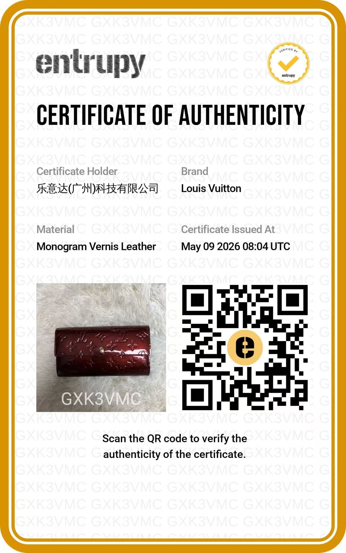 Louis Vuitton Burgundy Monogram Vernis Sarah Wallet authentication certificate