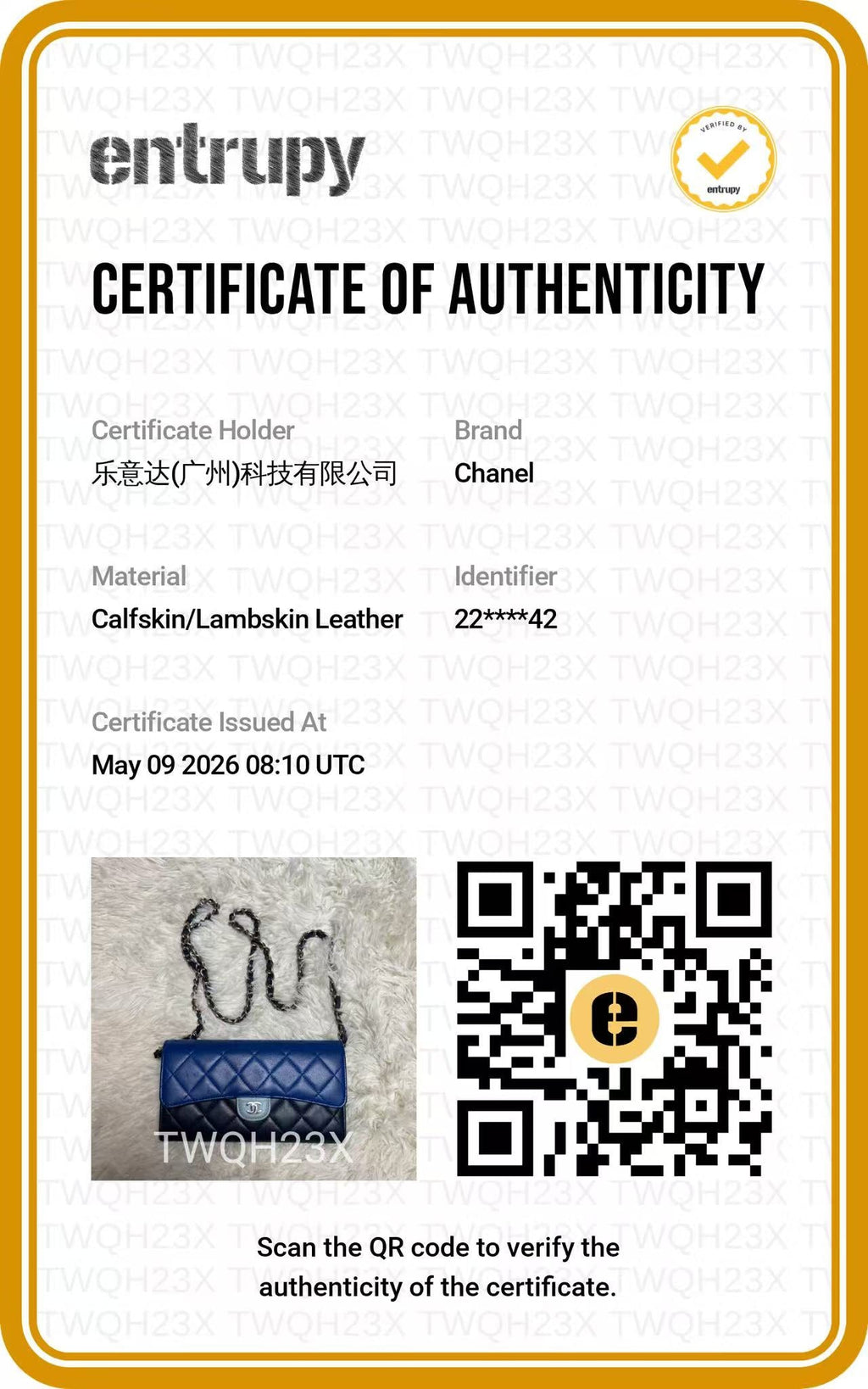 CHANEL Blue Tricolor Quilted Wallet on Chain authentication certificate