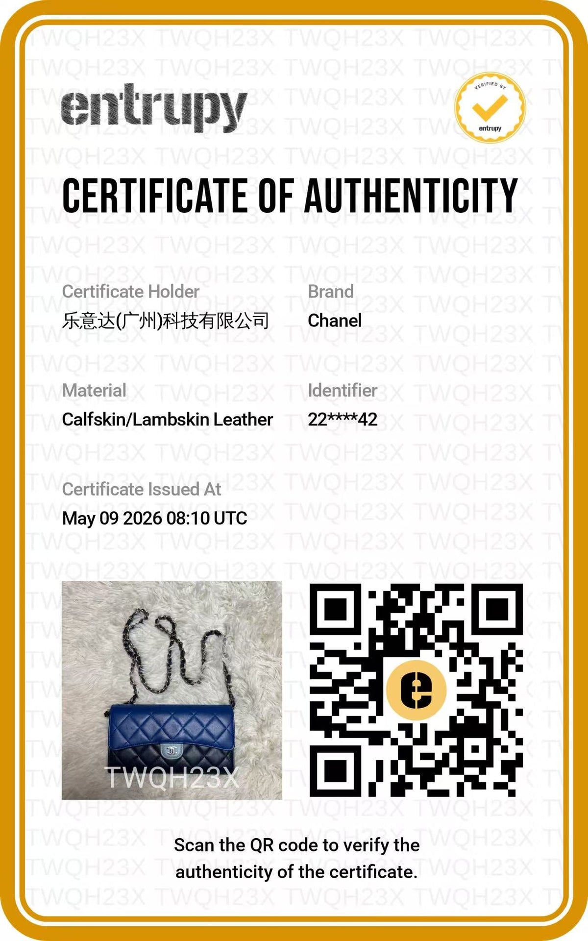 CHANEL Blue Tricolor Quilted Wallet on Chain authentication certificate