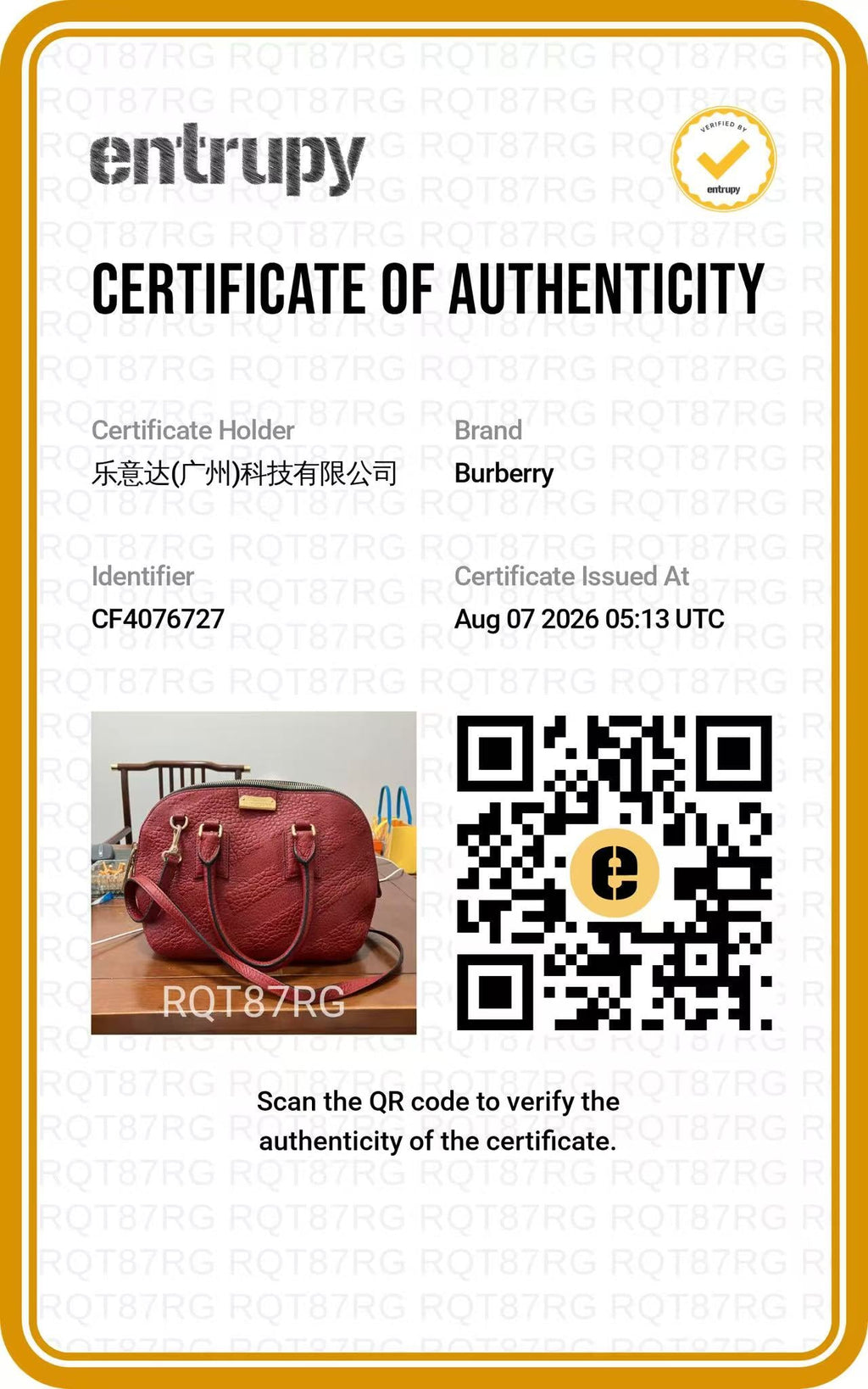 BURBERRY Red Orchard Embossed Check Bag authentication certificate