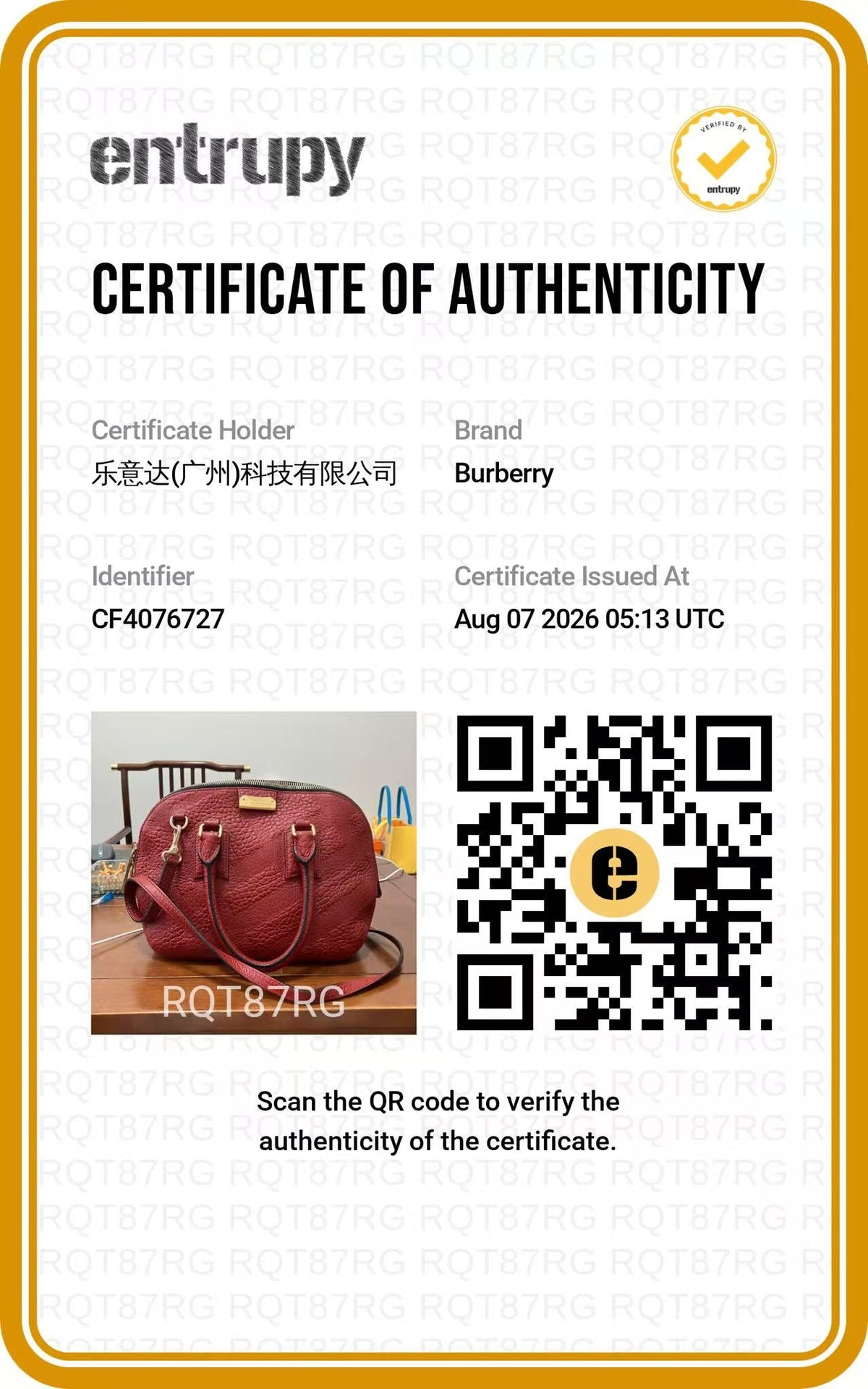 BURBERRY Red Orchard Embossed Check Bag authentication certificate