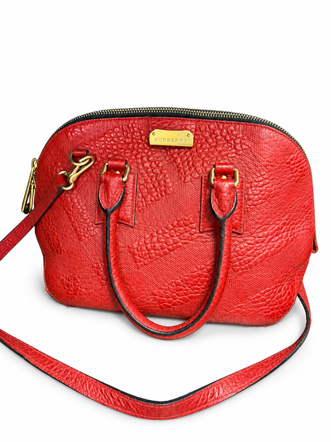 28 Pre-owned BURBERRY Red Orchard Embossed Check Bag actual item white background