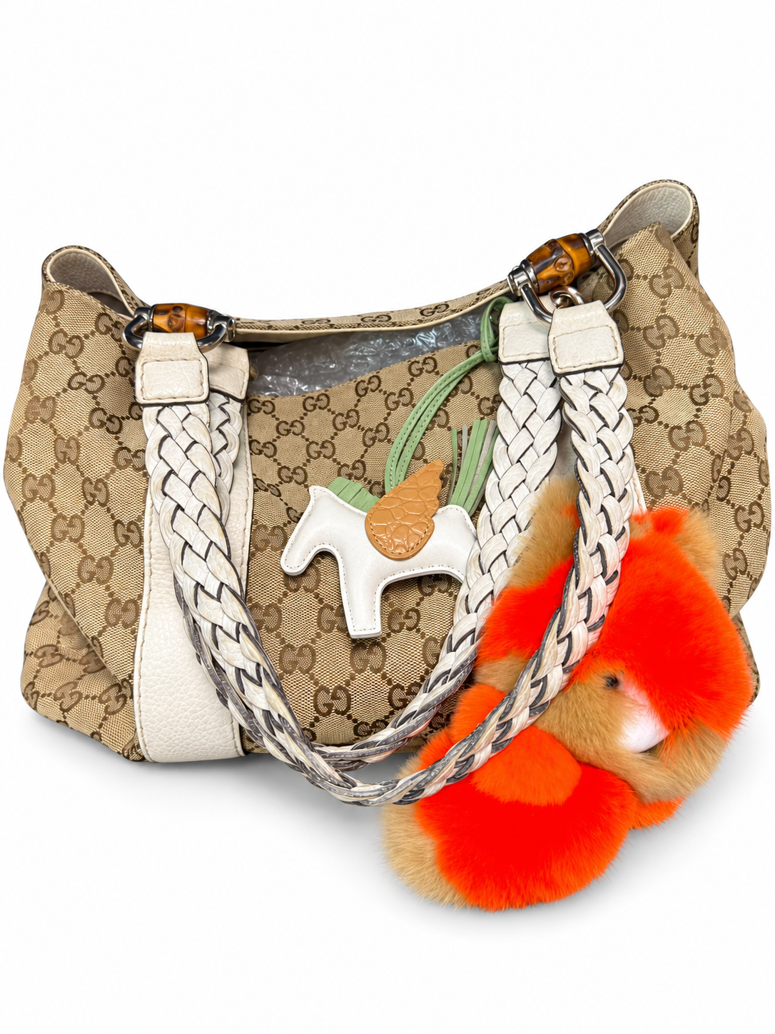 29 Pre-owned GUCCI GG Canvas Bamboo Bar Tote actual item white background