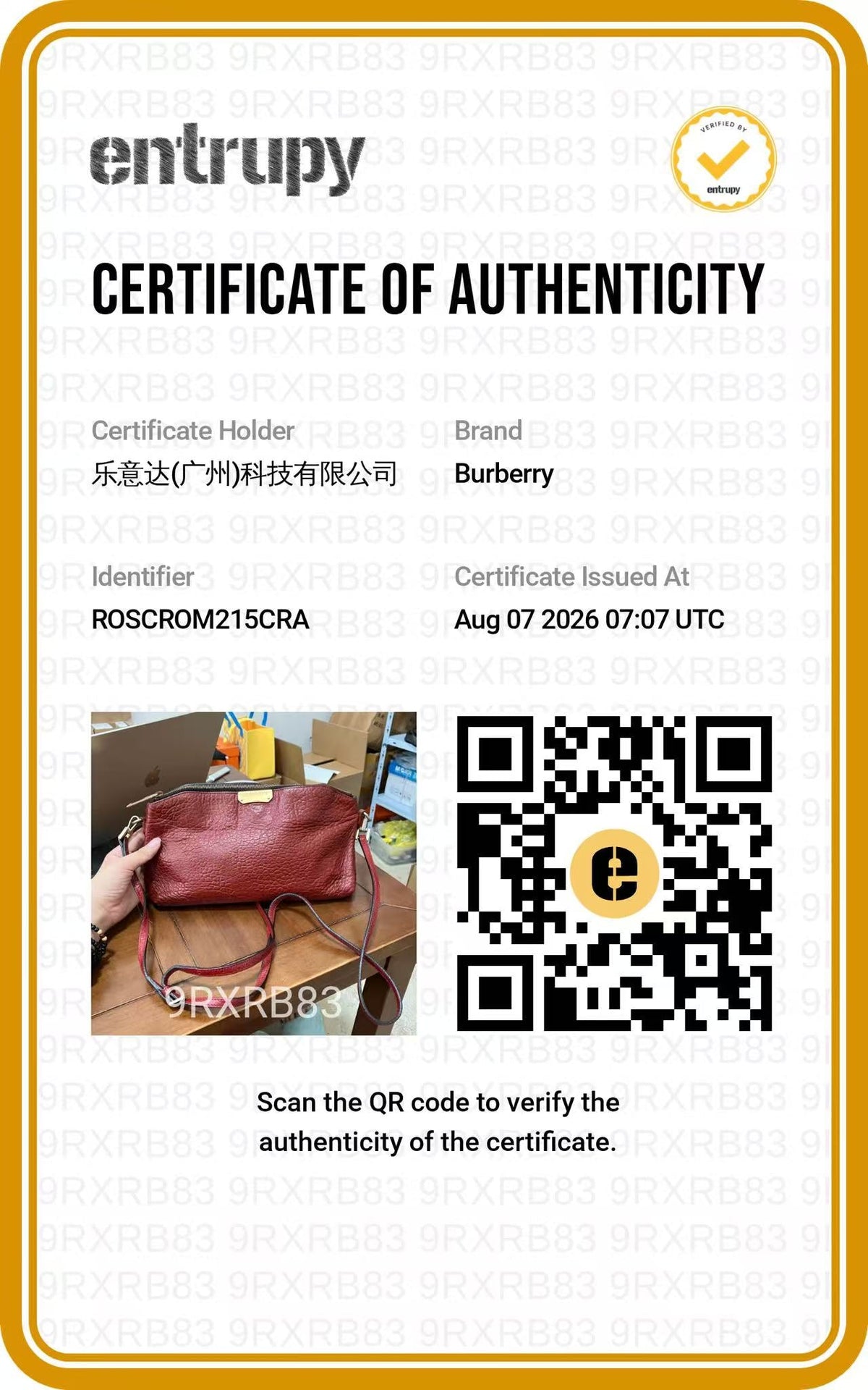 BURBERRY Red Chichester Shoulder Bag authentication certificate