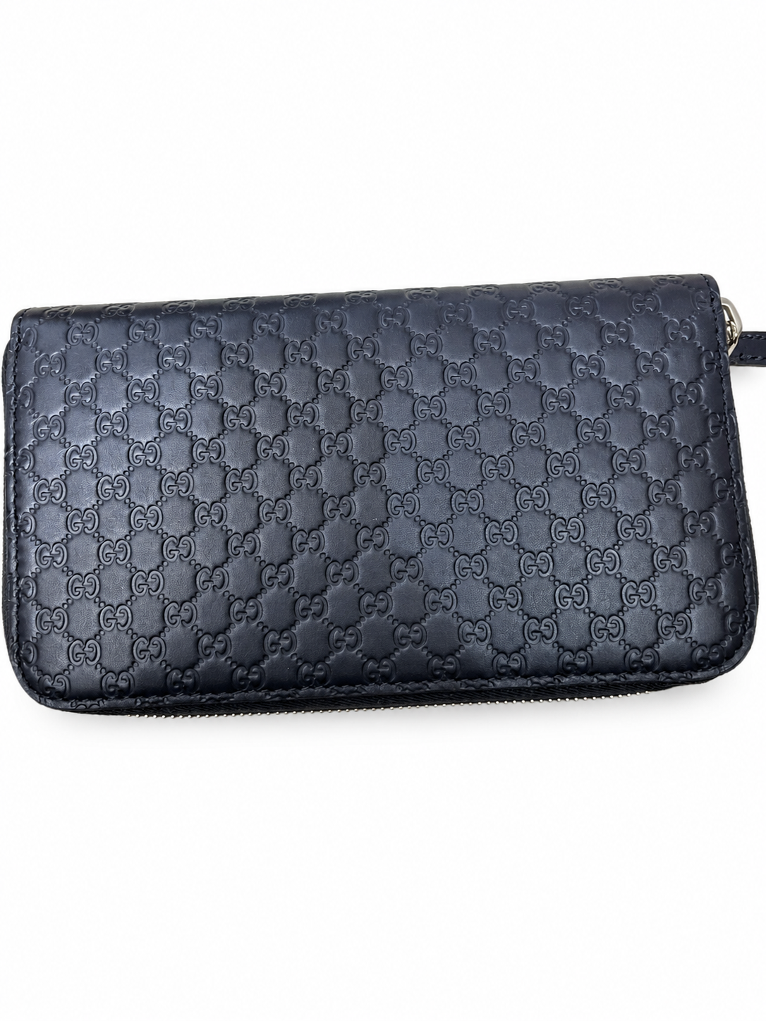 33 Pre-owned GUCCI Navy Microguccissima Zip Around Wallet actual item white background