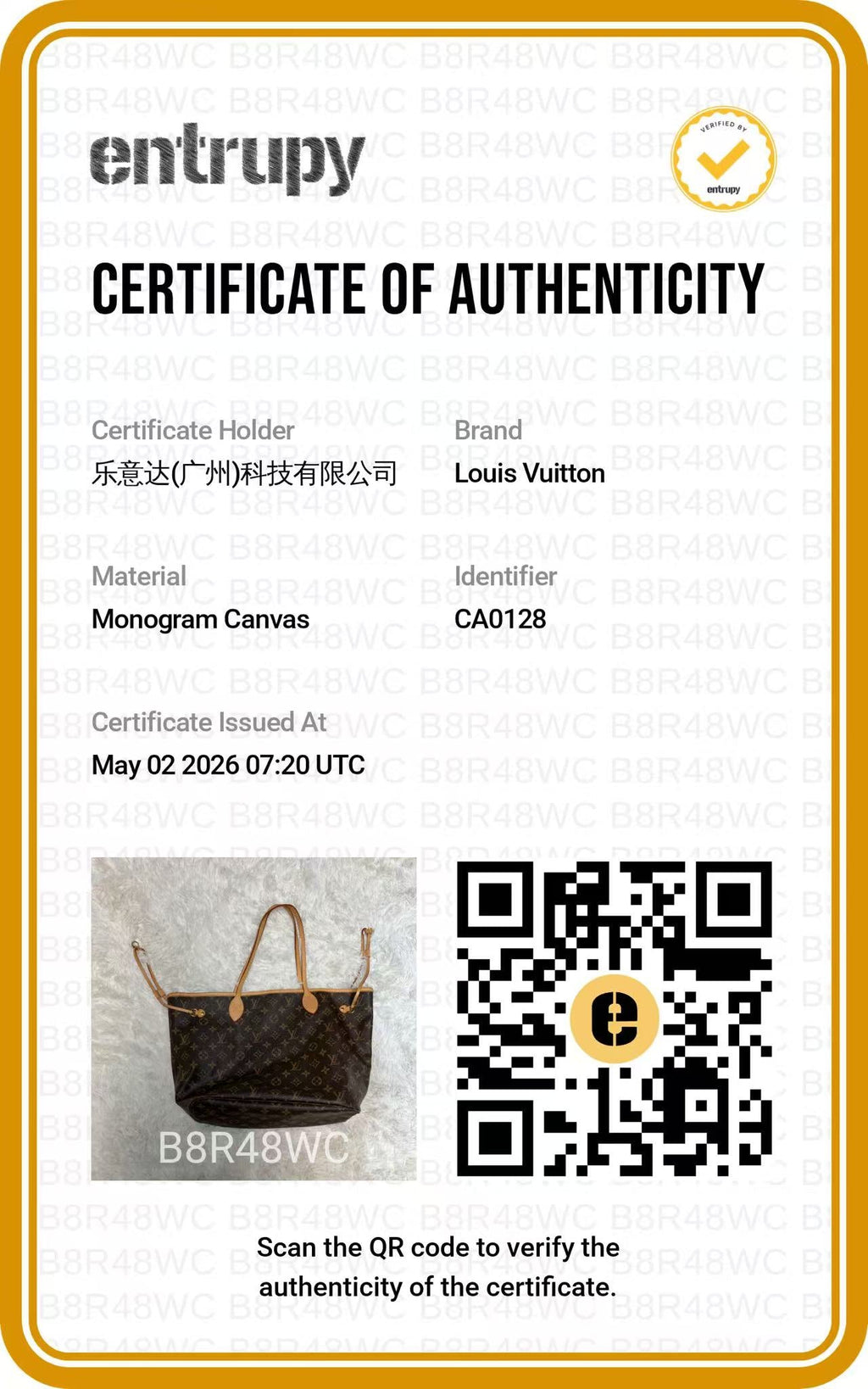 Louis Vuitton Monogram Neverfull Tote authentication certificate