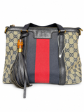 37 Pre-owned GUCCI GG Canvas Web Rania Bamboo Tassel Tote actual item white background