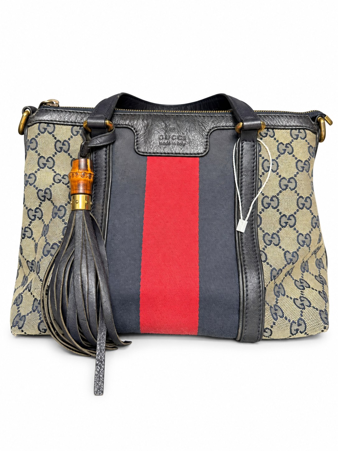 37 Pre-owned GUCCI GG Canvas Web Rania Bamboo Tassel Tote actual item white background