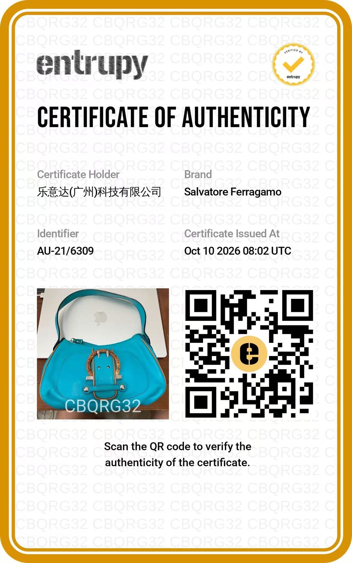 SALVATORE FERRAGAMO Turquoise Bamboo Buckle Shoulder Bag authentication certificate