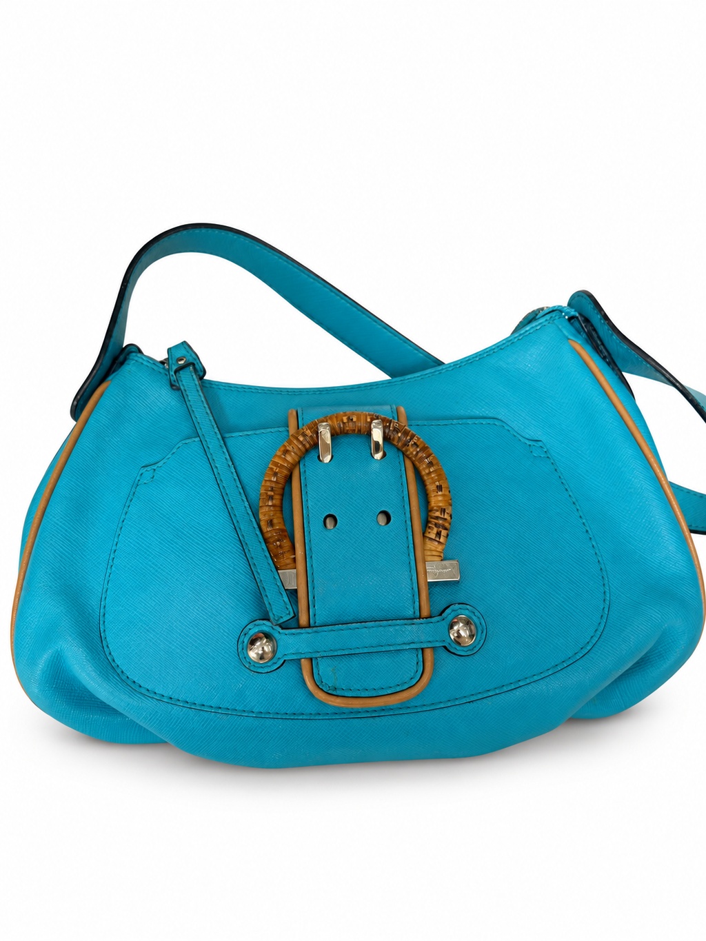 38 Pre-owned SALVATORE FERRAGAMO Turquoise Bamboo Buckle Shoulder Bag actual item white background